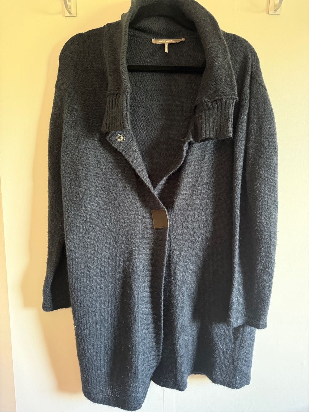 Sandwich Size M Mohair Angora Wool Blend Long Cardigan Coat Charcoal Grey/Navy